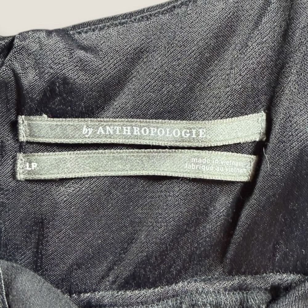 Anthropologie Black Satin Slip Dress Maxi V-Neck Strappy Large Petite LP Luxe - Picture 2 of 8